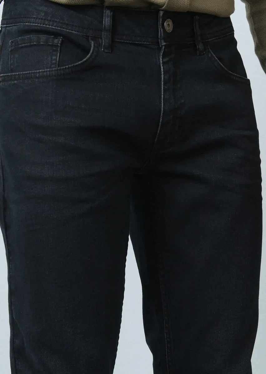 Lacivert Düz Slim Fit Denim Pamuk Karışımlı Pantolon - 4