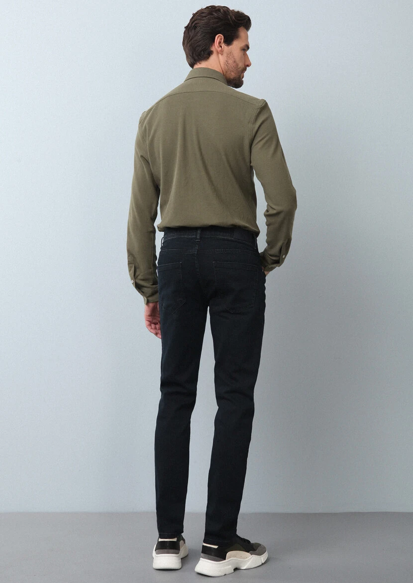 Lacivert Düz Slim Fit Denim Pamuk Karışımlı Pantolon - 5