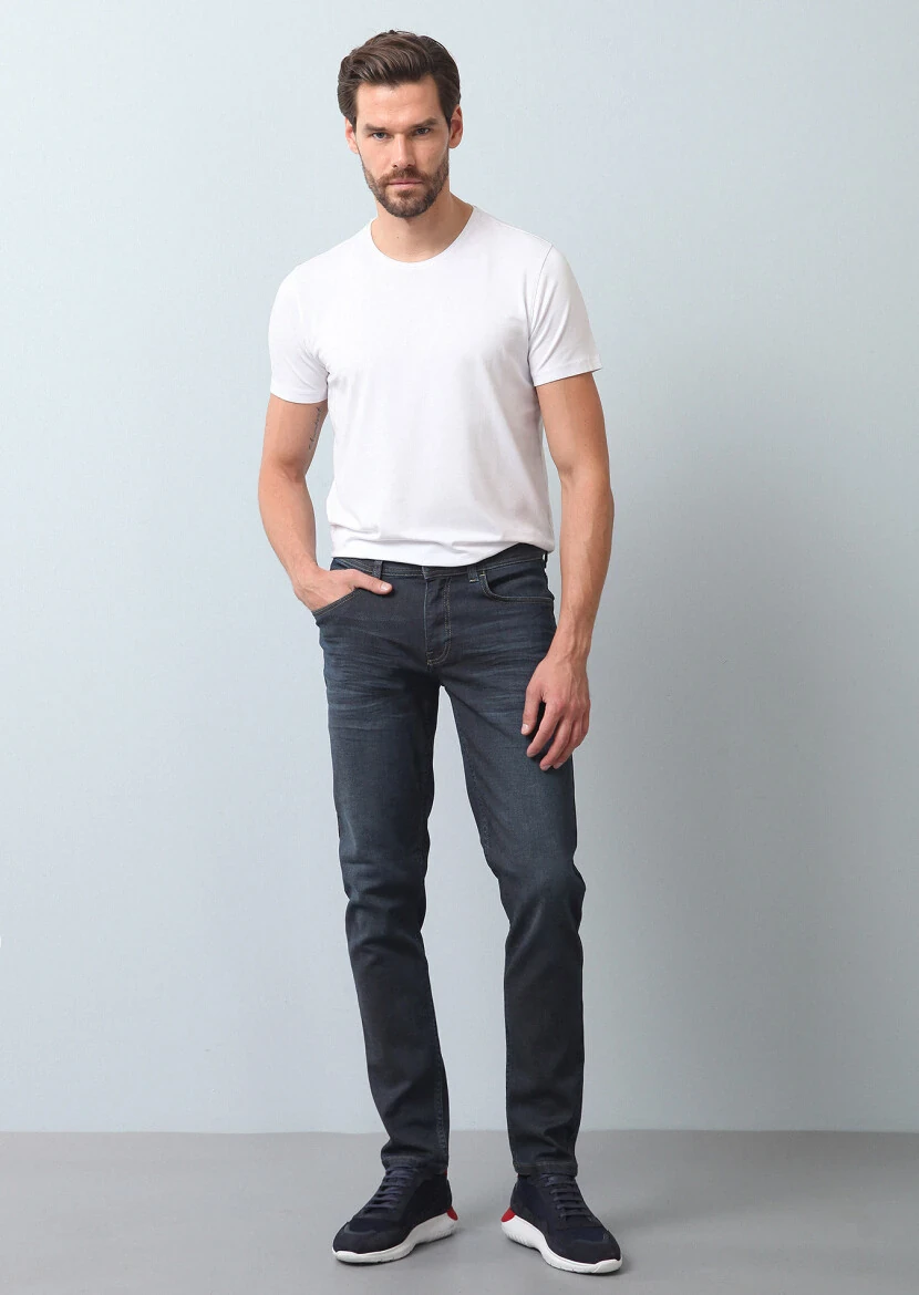 Lacivert Düz Slim Fit Denim Pamuk Karışımlı Pantolon - 2
