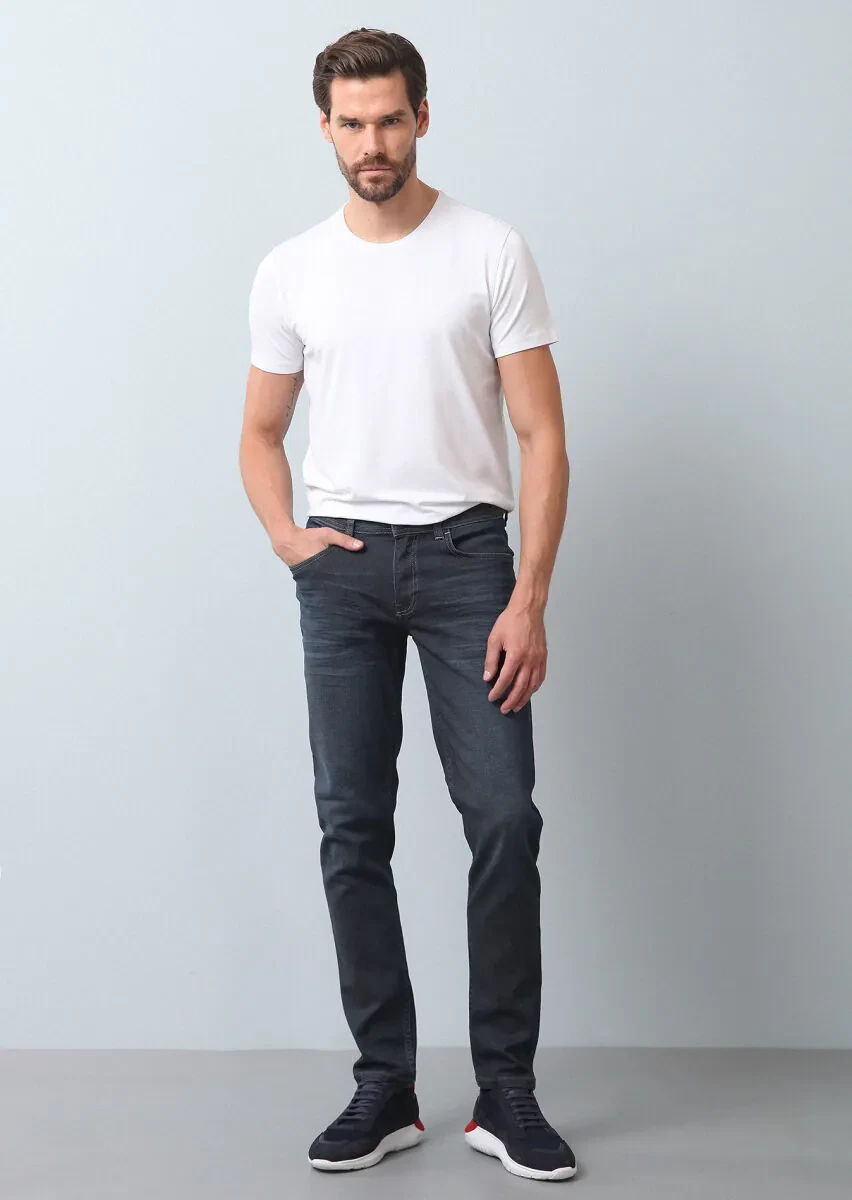 Lacivert Düz Slim Fit Denim Pamuk Karışımlı Pantolon - 2