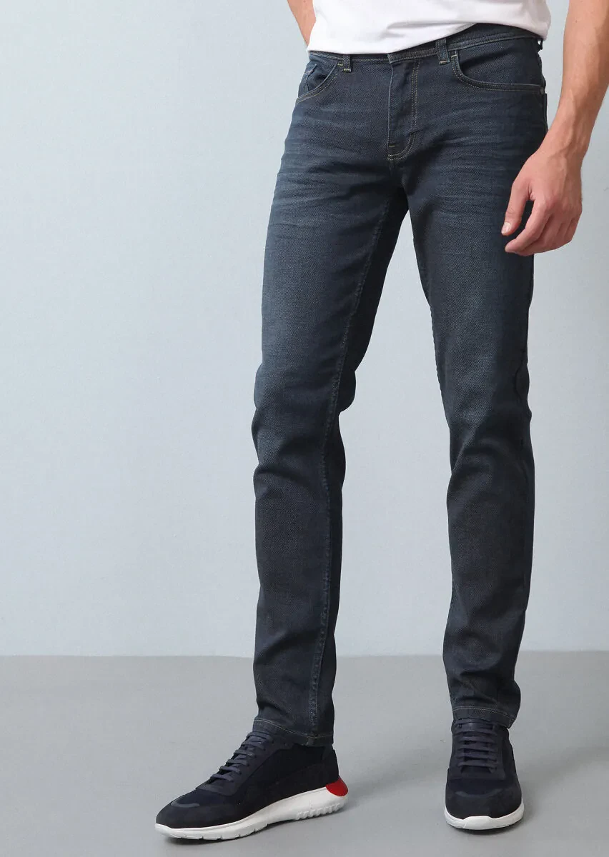 Lacivert Düz Slim Fit Denim Pamuk Karışımlı Pantolon - 3