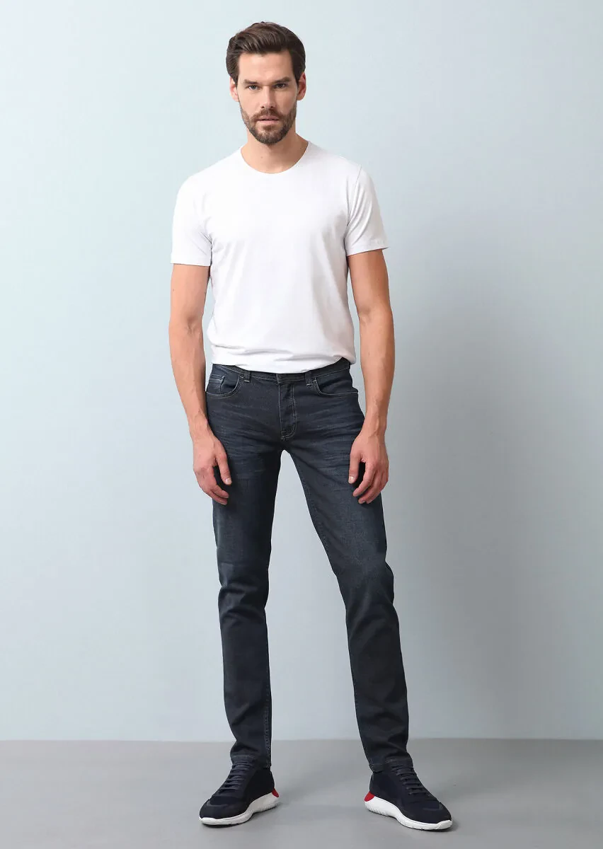Lacivert Düz Slim Fit Denim Pamuk Karışımlı Pantolon - 4