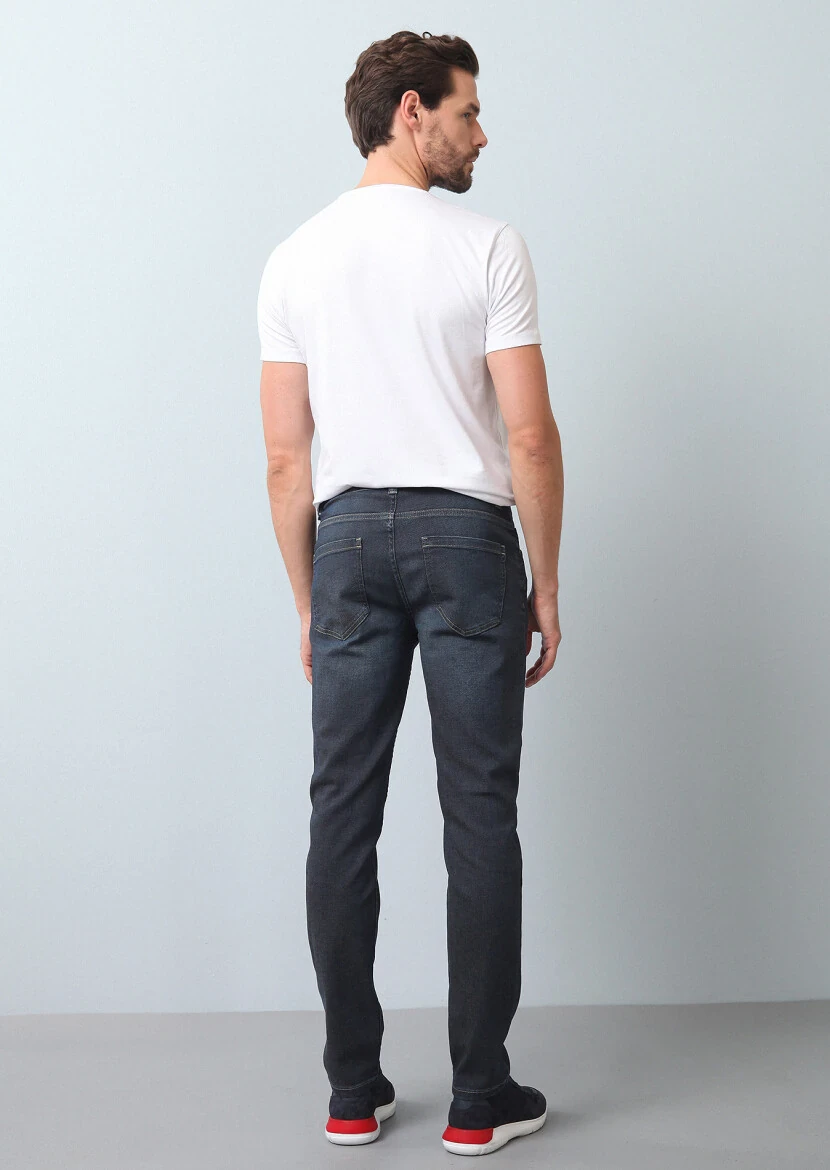 Lacivert Düz Slim Fit Denim Pamuk Karışımlı Pantolon - 5