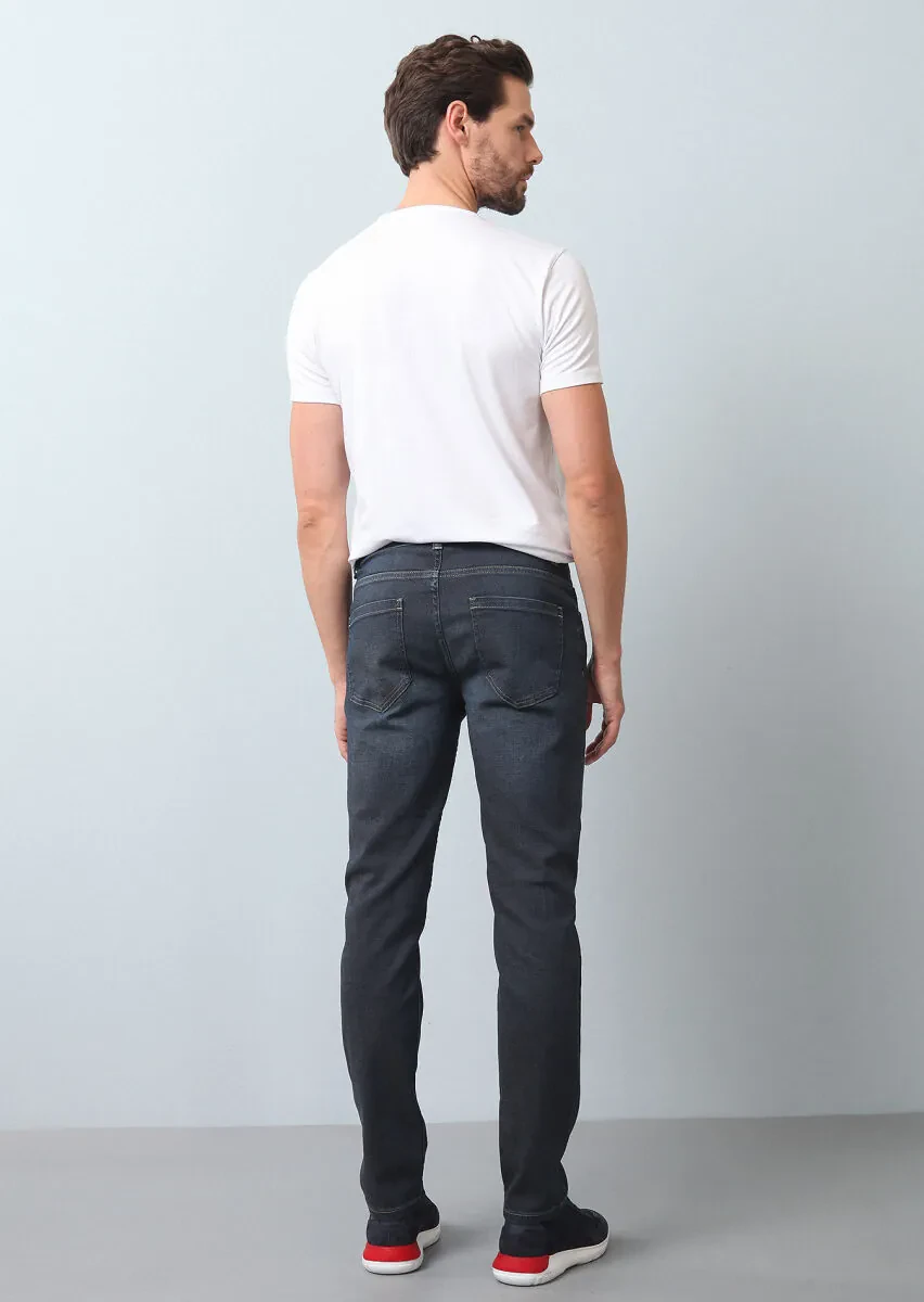 Lacivert Düz Slim Fit Denim Pamuk Karışımlı Pantolon - 5