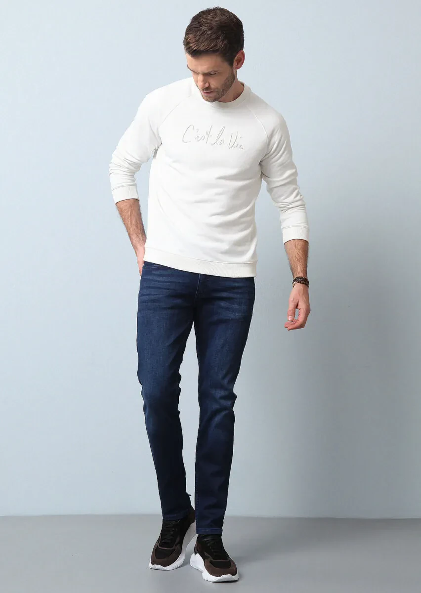 Lacivert Düz Slim Fit Denim Pamuk Karışımlı Pantolon - 2