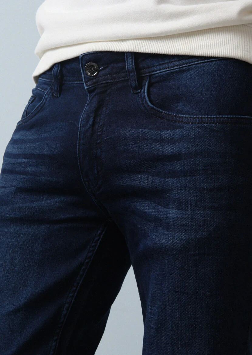 Lacivert Düz Slim Fit Denim Pamuk Karışımlı Pantolon - 3