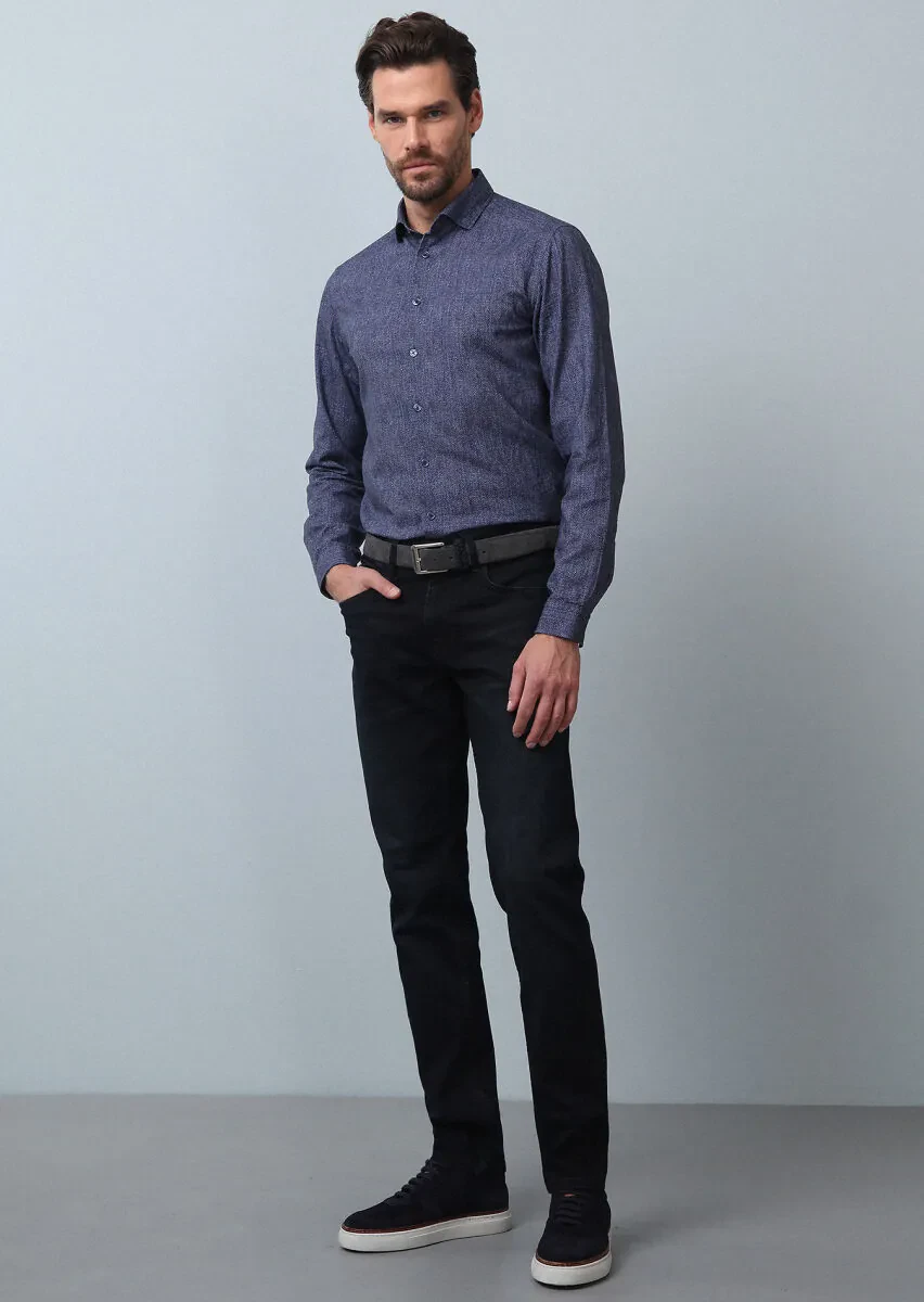 Lacivert Düz Slim Fit Denim Pamuk Karışımlı Pantolon - 1