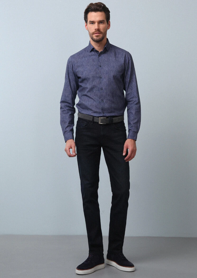 Lacivert Düz Slim Fit Denim Pamuk Karışımlı Pantolon - 2