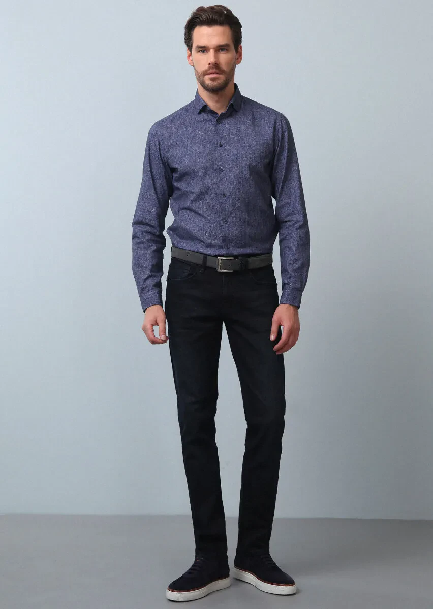 Lacivert Düz Slim Fit Denim Pamuk Karışımlı Pantolon - 2