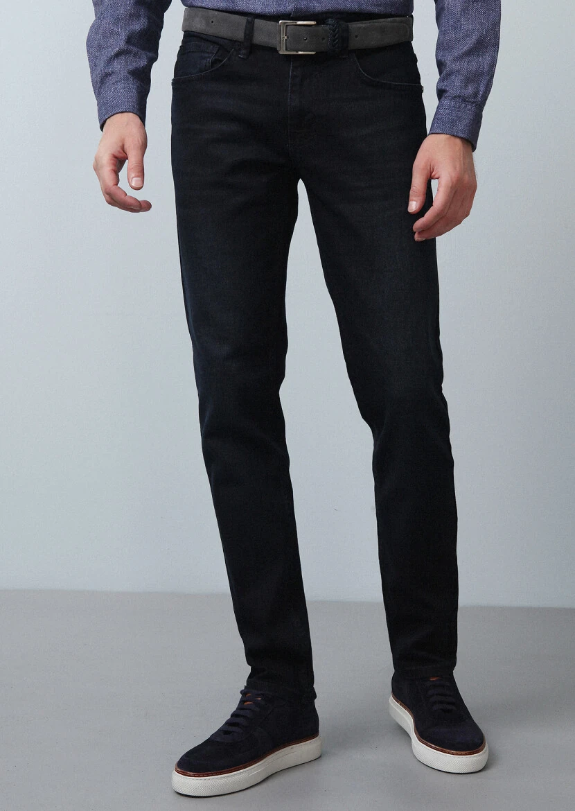 Lacivert Düz Slim Fit Denim Pamuk Karışımlı Pantolon - 3