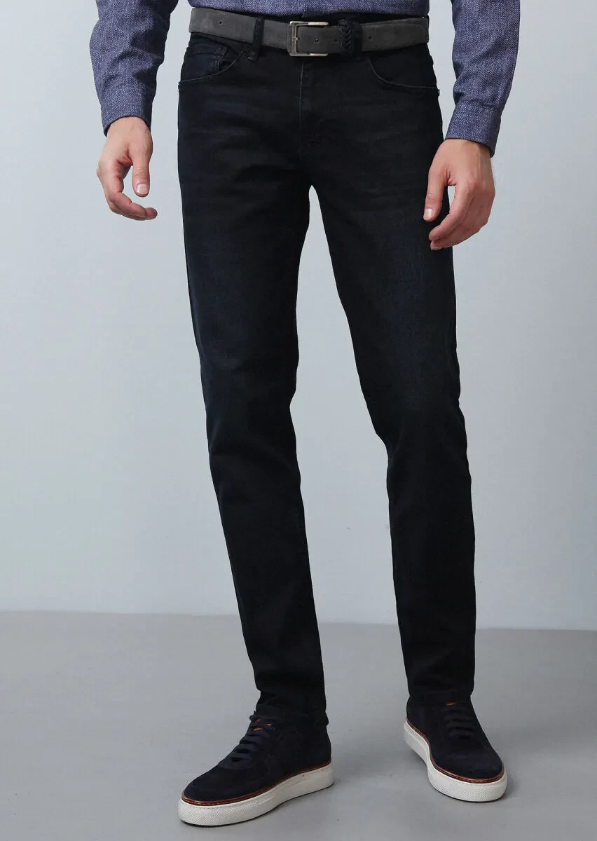 Lacivert Düz Slim Fit Denim Pamuk Karışımlı Pantolon - 3