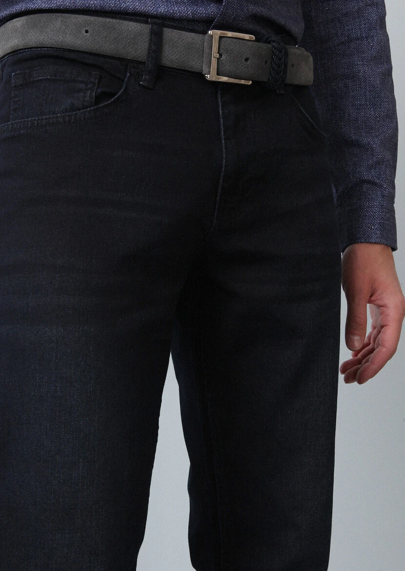 Lacivert Düz Slim Fit Denim Pamuk Karışımlı Pantolon - 4
