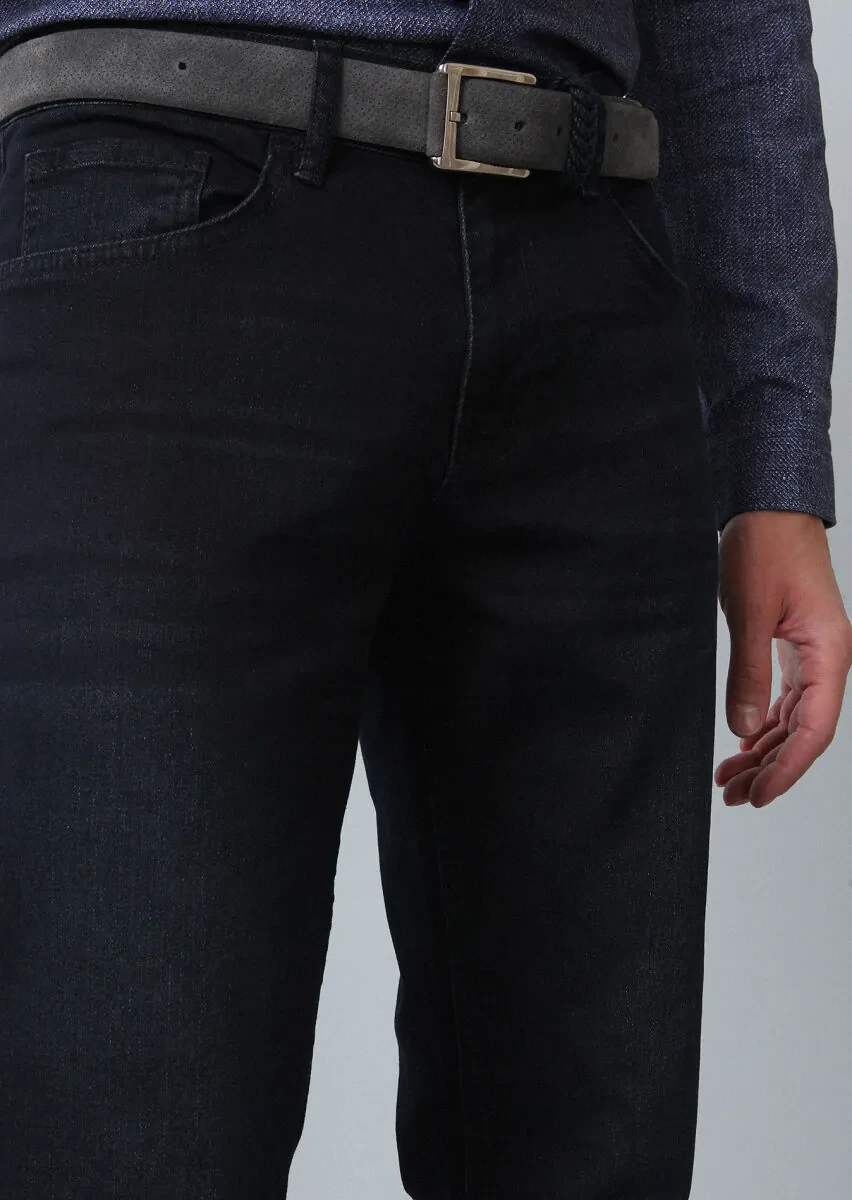 Lacivert Düz Slim Fit Denim Pamuk Karışımlı Pantolon - 4