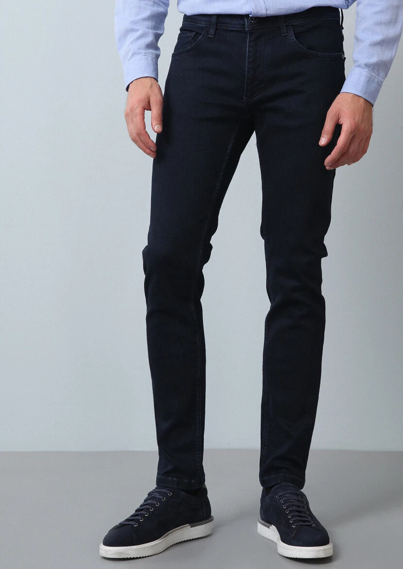 Lacivert Düz Slim Fit Denim Pamuk Karışımlı Pantolon - 1
