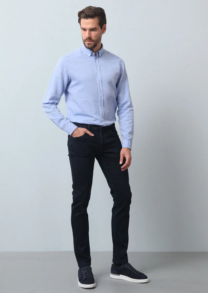 Lacivert Düz Slim Fit Denim Pamuk Karışımlı Pantolon - 2