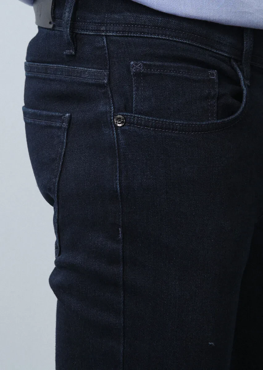 Lacivert Düz Slim Fit Denim Pamuk Karışımlı Pantolon - 4