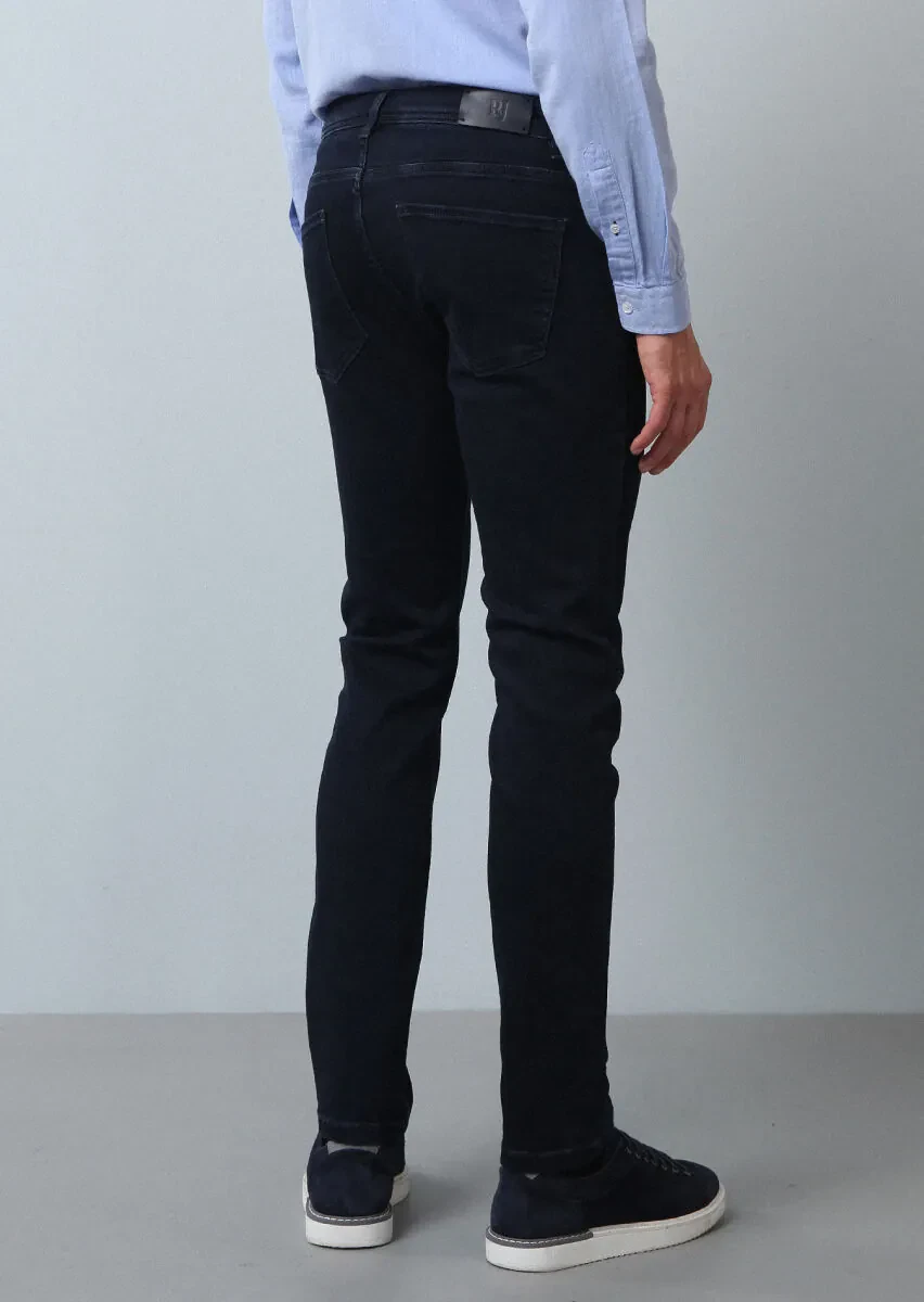 Lacivert Düz Slim Fit Denim Pamuk Karışımlı Pantolon - 5