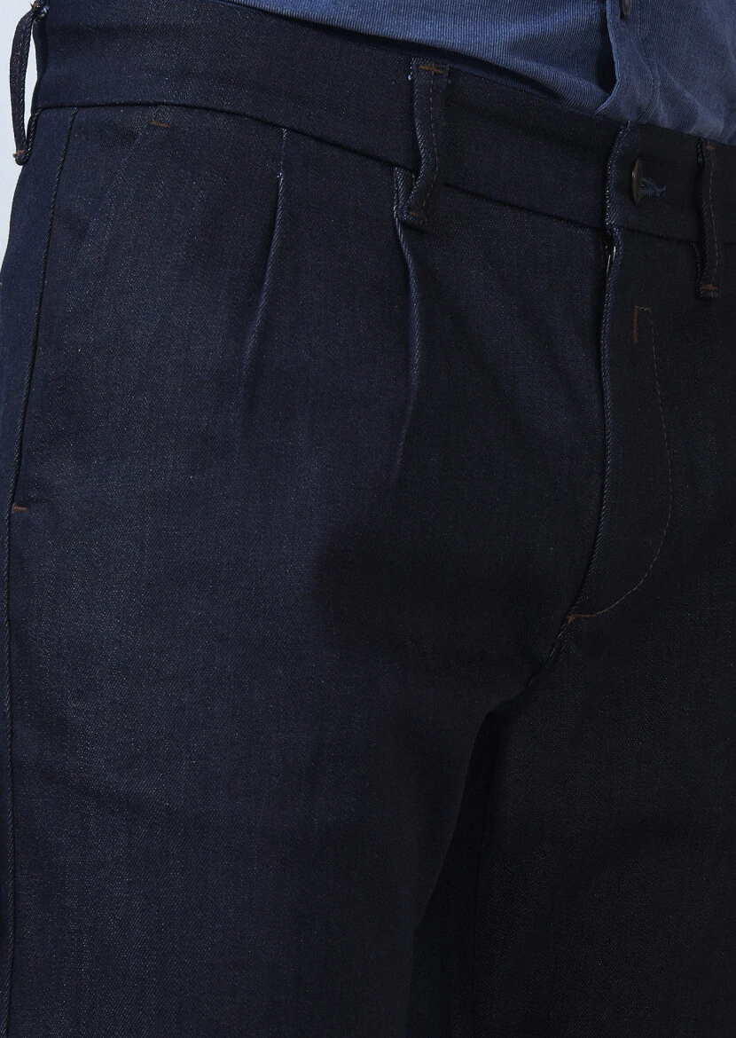 Lacivert Düz Slim Fit Denim Pamuk Karışımlı Pantolon - 4