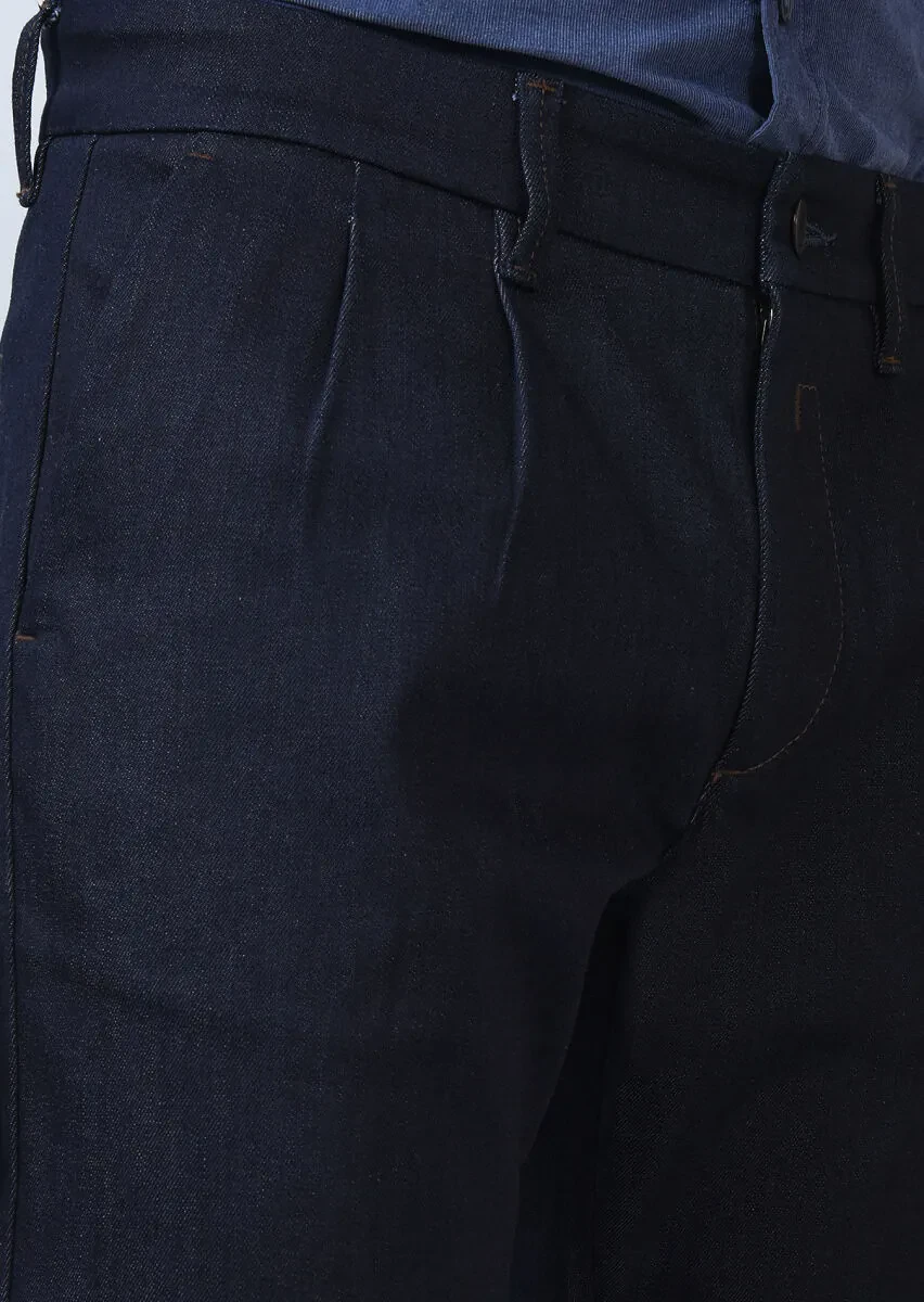 Lacivert Düz Slim Fit Denim Pamuk Karışımlı Pantolon - 4