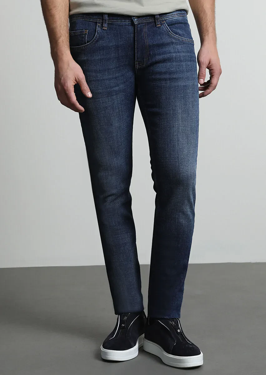 Lacivert Düz Slim Fit Denim Pamuk Karışımlı Pantolon - 2