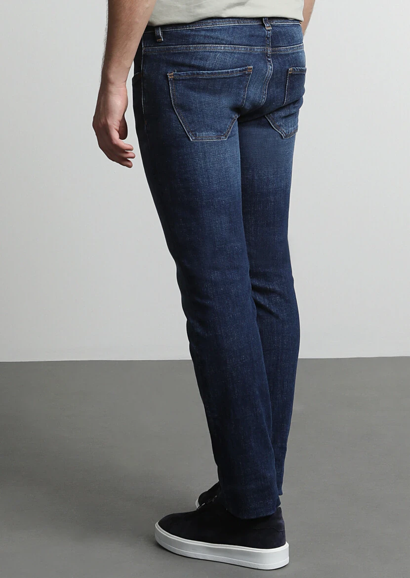 Lacivert Düz Slim Fit Denim Pamuk Karışımlı Pantolon - 4