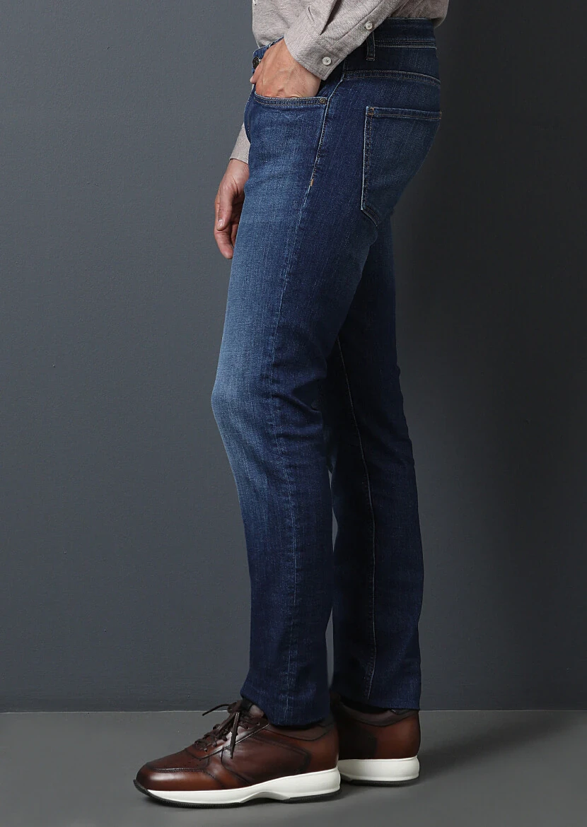 Lacivert Düz Slim Fit Denim Pamuk Karışımlı Pantolon - 2