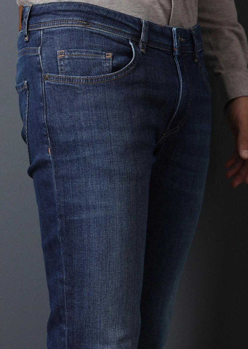 Lacivert Düz Slim Fit Denim Pamuk Karışımlı Pantolon - 3