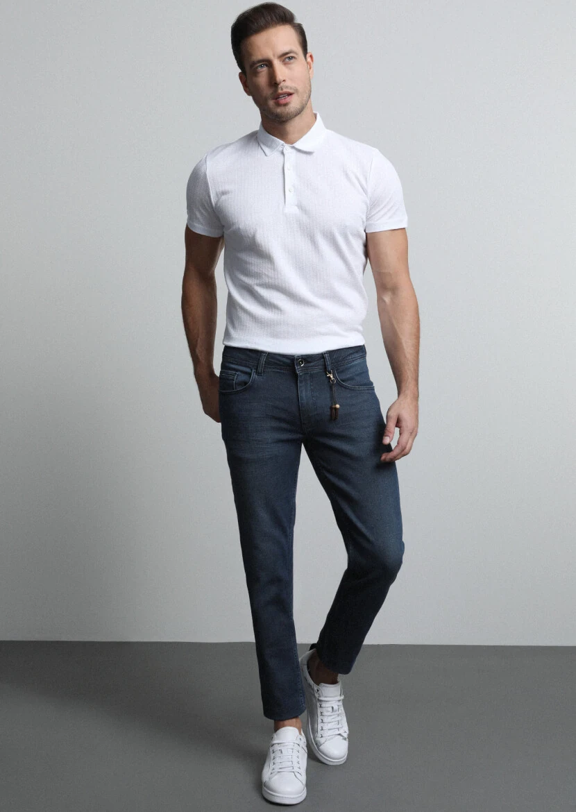 Lacivert Düz Slim Fit Denim Pamuk Karışımlı Pantolon - 1