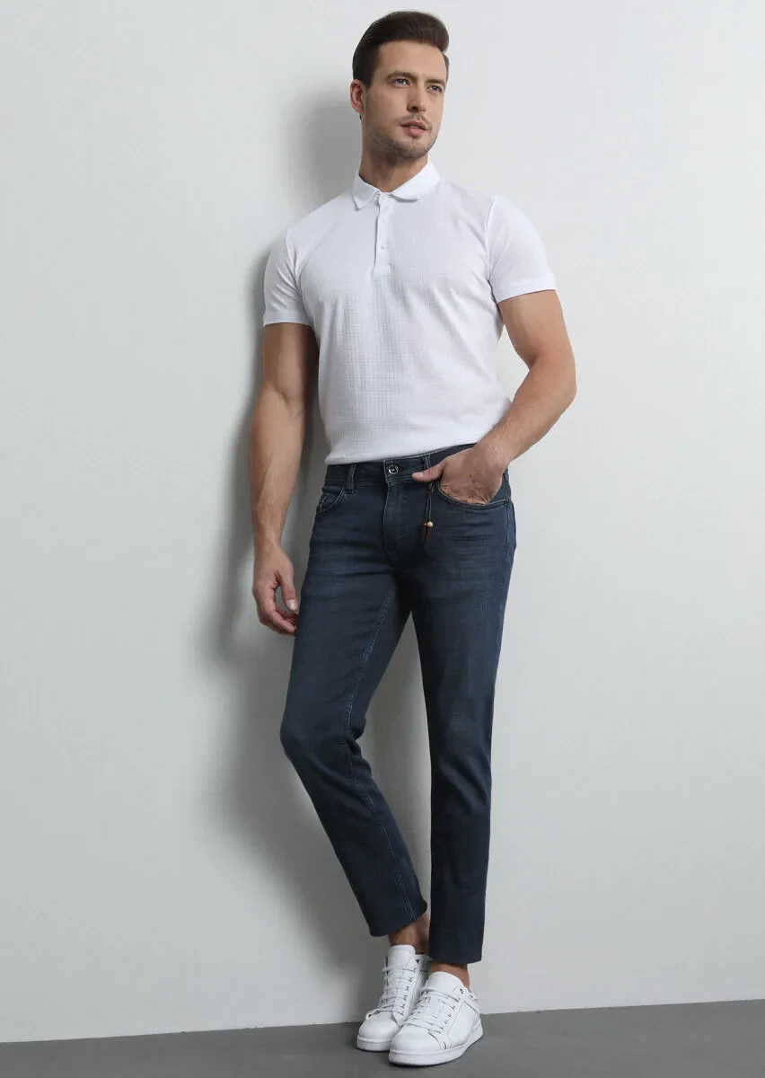 Lacivert Düz Slim Fit Denim Pamuk Karışımlı Pantolon - 2