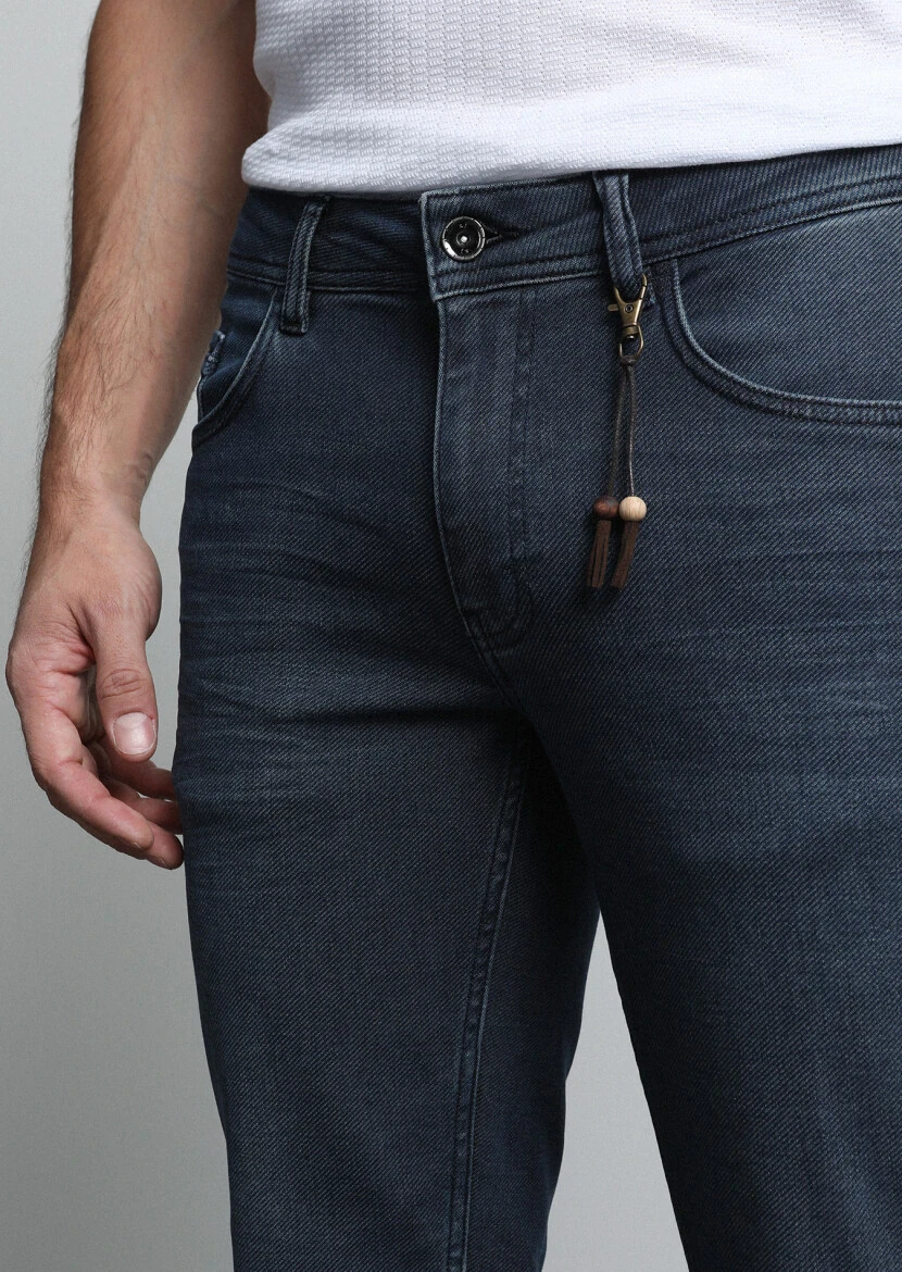 Lacivert Düz Slim Fit Denim Pamuk Karışımlı Pantolon - 3