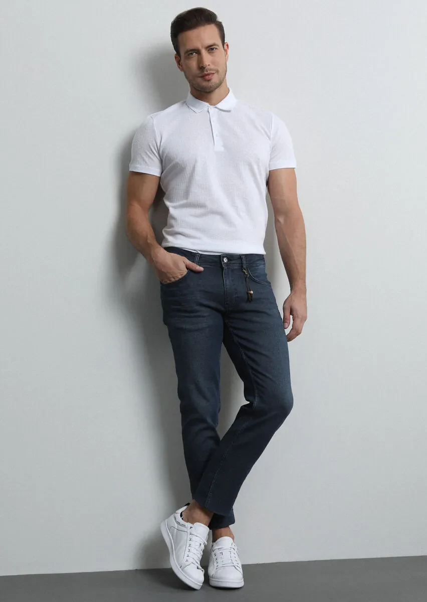 Lacivert Düz Slim Fit Denim Pamuk Karışımlı Pantolon - 4