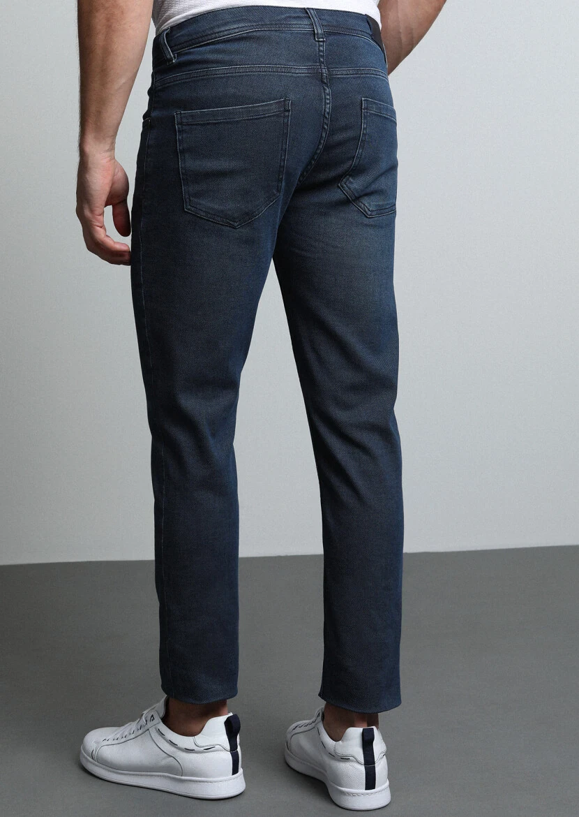 Lacivert Düz Slim Fit Denim Pamuk Karışımlı Pantolon - 5