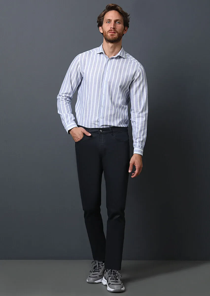 Lacivert Düz Slim Fit Denim Pamuk Karışımlı Pantolon - 1