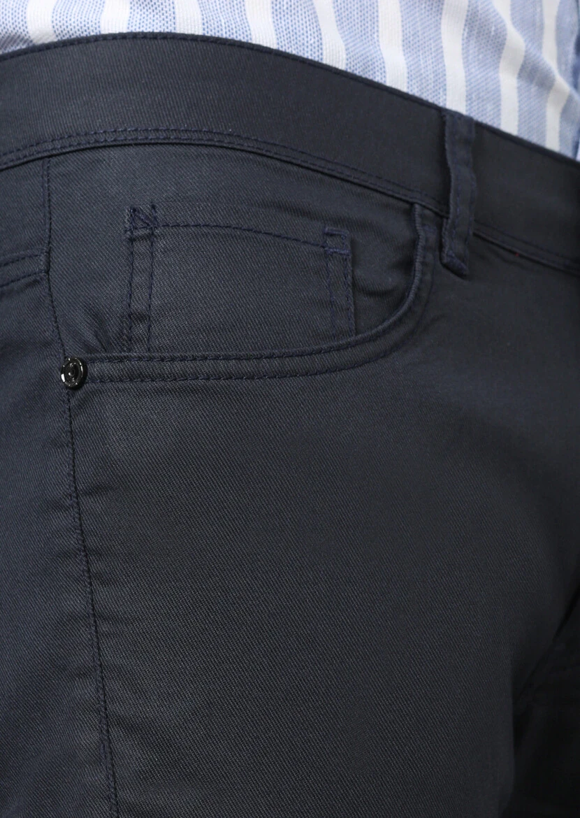 Lacivert Düz Slim Fit Denim Pamuk Karışımlı Pantolon - 3