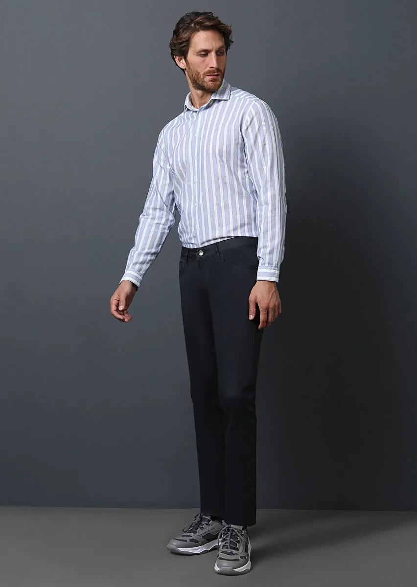 Lacivert Düz Slim Fit Denim Pamuk Karışımlı Pantolon - 4