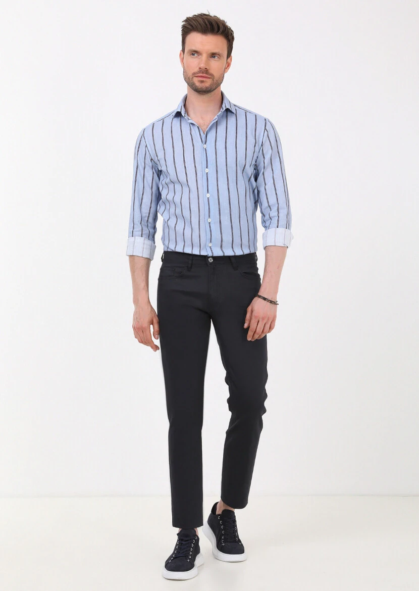 Lacivert Düz Slim Fit Denim Pamuk Karışımlı Pantolon - 1