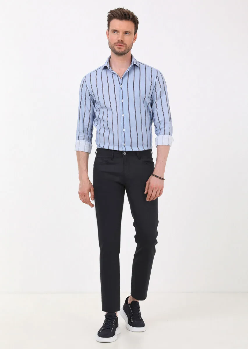 Lacivert Düz Slim Fit Denim Pamuk Karışımlı Pantolon - 1