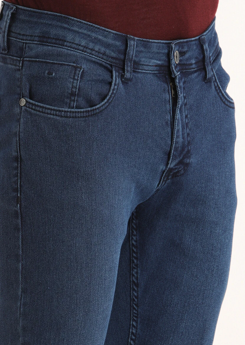 Lacivert Düz Slim Fit Denim Pamuk Karışımlı Pantolon - 3