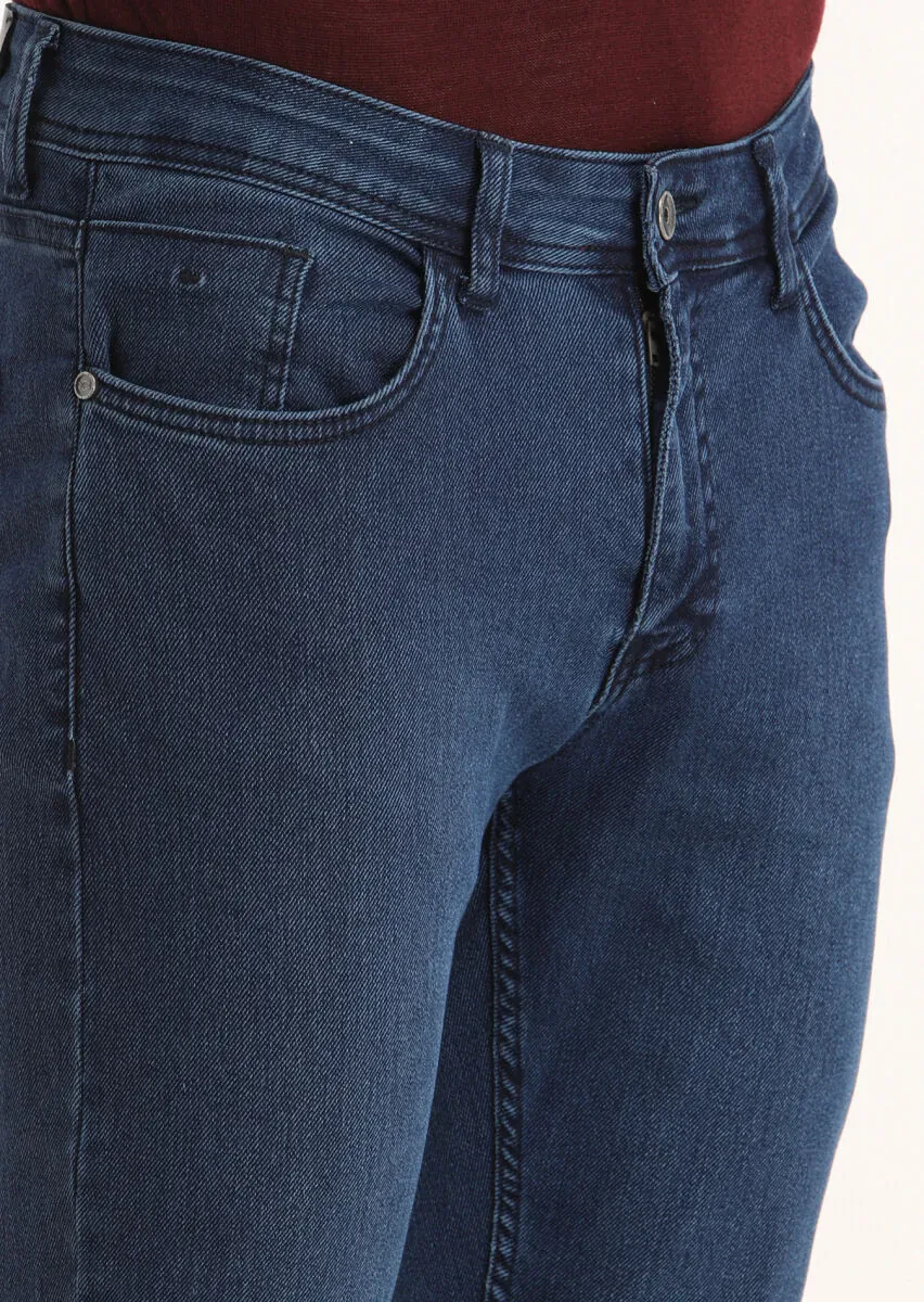 Lacivert Düz Slim Fit Denim Pamuk Karışımlı Pantolon - 3