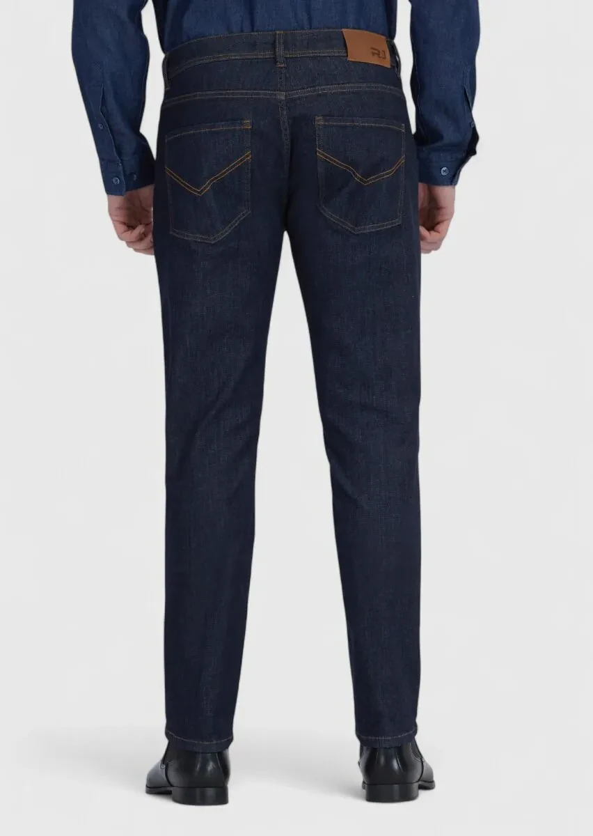 Lacivert Düz Slim Fit Denim Pamuk Karışımlı Pantolon - 5