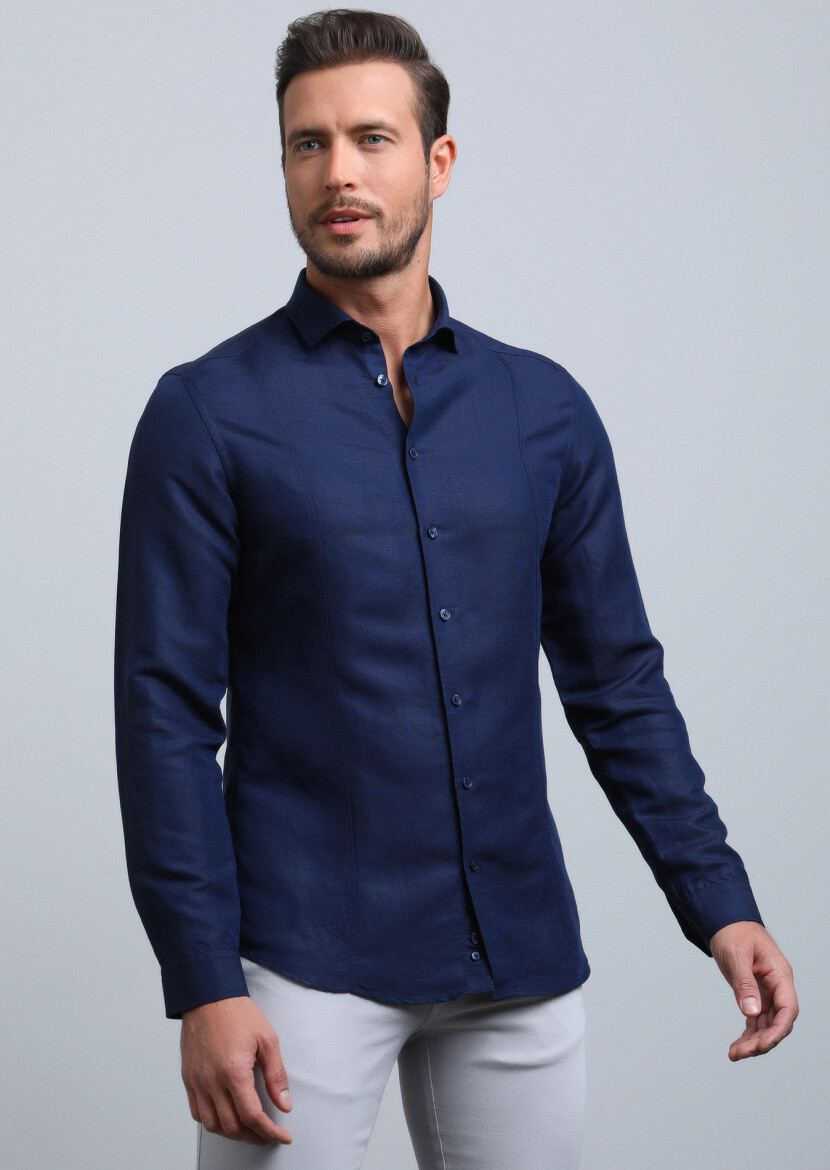 Lacivert Düz Slim Fit Dokuma Casual Keten Karışımlı Gömlek - 1