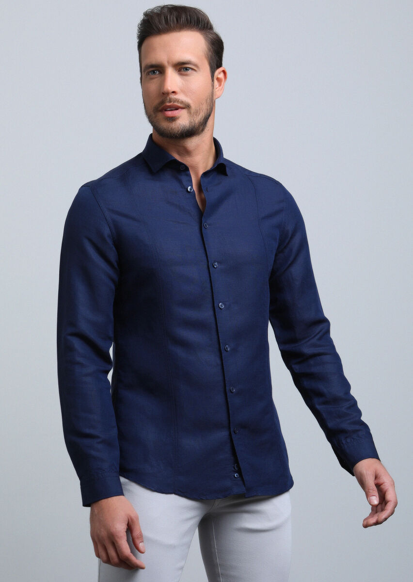 Lacivert Düz Slim Fit Dokuma Casual Keten Karışımlı Gömlek - 1