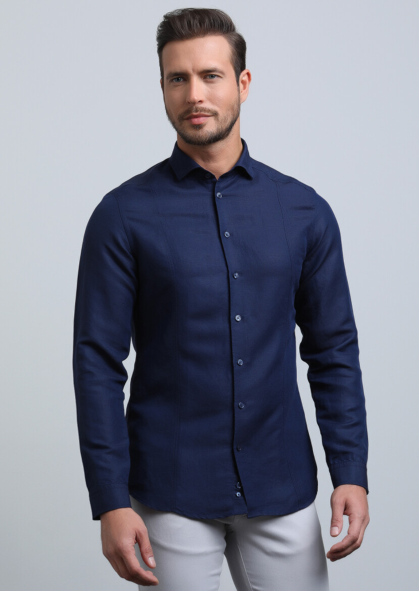 Lacivert Düz Slim Fit Dokuma Casual Keten Karışımlı Gömlek - 4