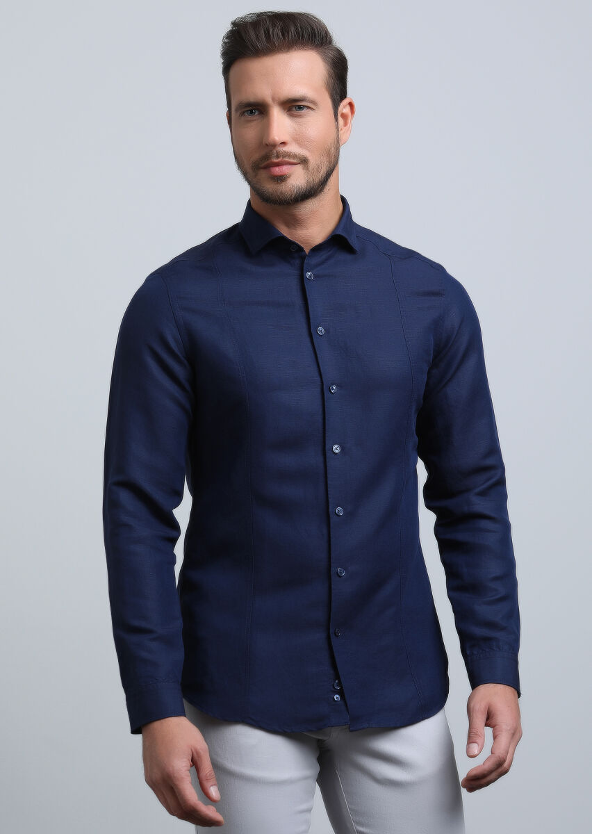 Lacivert Düz Slim Fit Dokuma Casual Keten Karışımlı Gömlek - 4