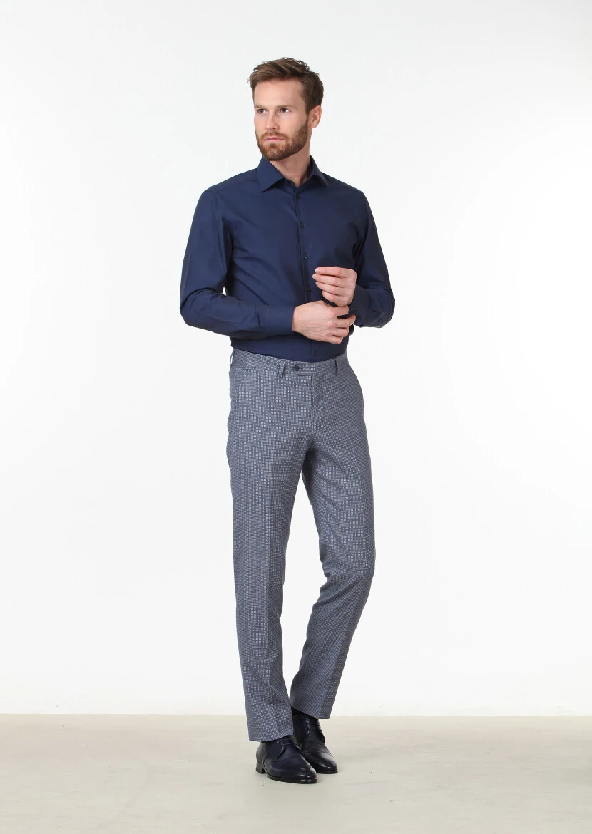 Lacivert Düz Slim Fit Dokuma Klasik Pamuk Karışımlı Gömlek 