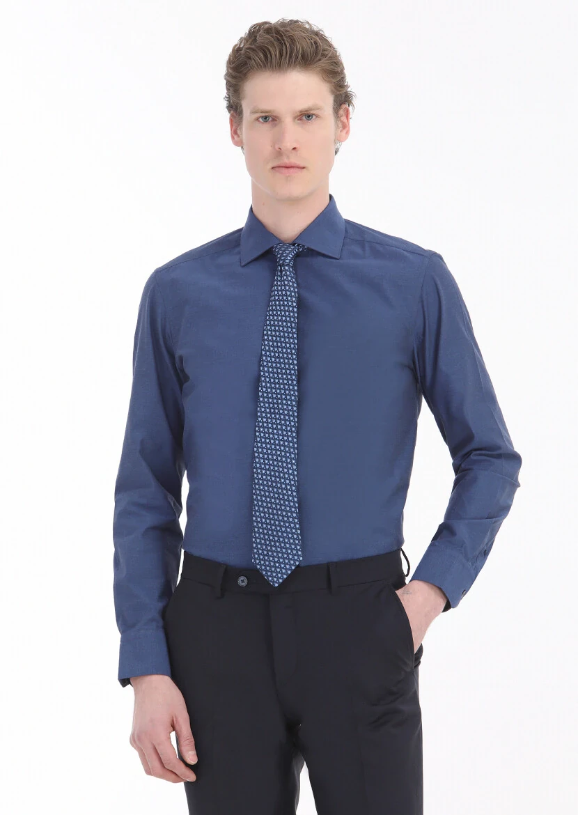 Lacivert Düz Slim Fit Dokuma Klasik Pamuk Karışımlı Gömlek 