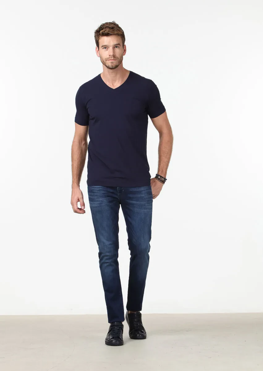 Lacivert Düz V Yaka Pamuk Karışımlı T-Shirt - 2