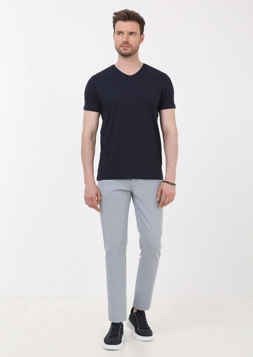 Lacivert Düz V Yaka Pamuk Karışımlı T-Shirt - 3