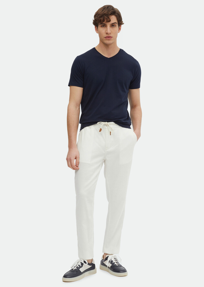 Lacivert Düz V Yaka Pamuk Karışımlı T-Shirt 