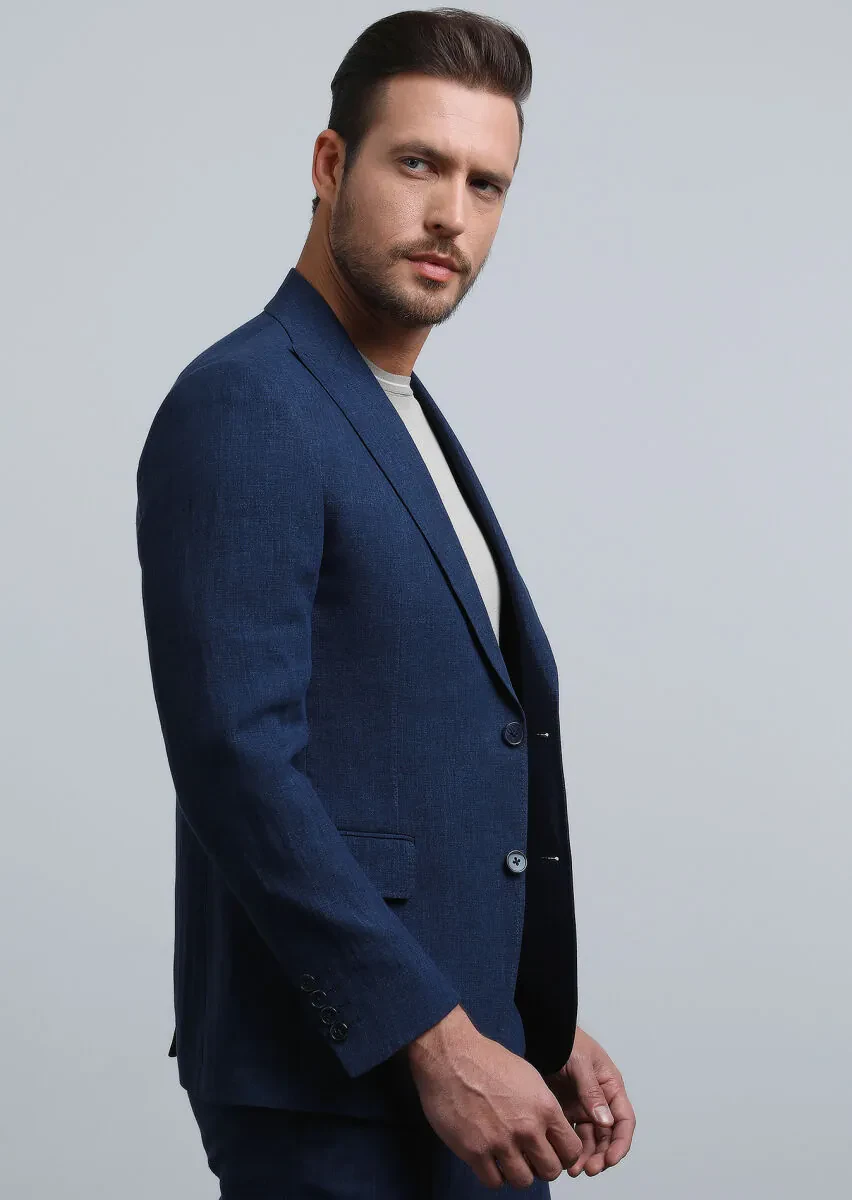 Lacivert Düz Zeroweight Slim Fit %100 Keten Takım Elbise - 1